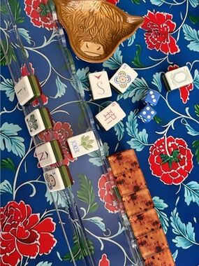Mahjong Mat Blue Floral Silk Scarf with Red Blooms. Mat ONLY
